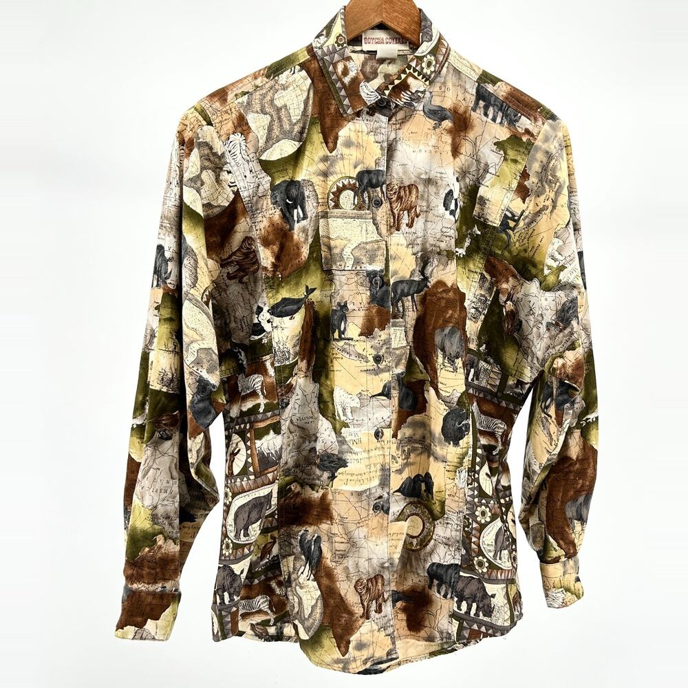 Vintage 90s Gotcha Covered Khaki 100% Cotton Safari Animal Button Down Shirt